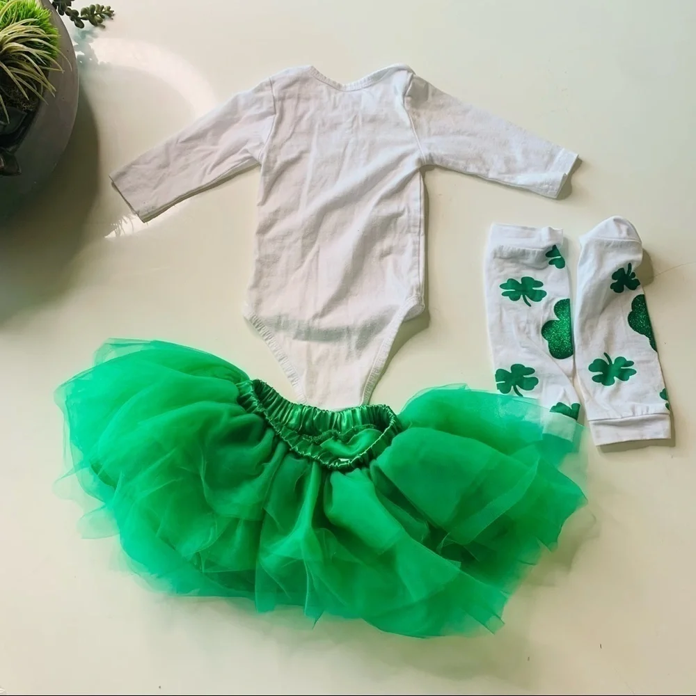 My first St Patrick’s Day green tutu bodysuit leg piece costume set photo outfit